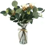 Artificial Eucalyptus Leaves in Glass Vase, 16.1&#034; Eucalyptus Leaves Green White