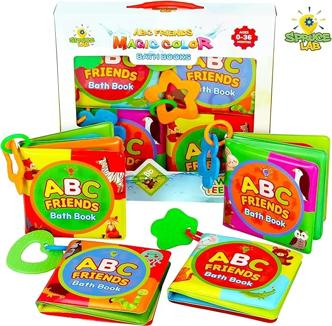 Spruce Lab ABC Friends Magic Color Bath Books - 4 Bath Book Set - Educational Baby Bath Toys - Magic Appearing Animals in Water - Teething Toys for Babies - Boy/Girl Baby Bathtub Books Baby Shower Toy