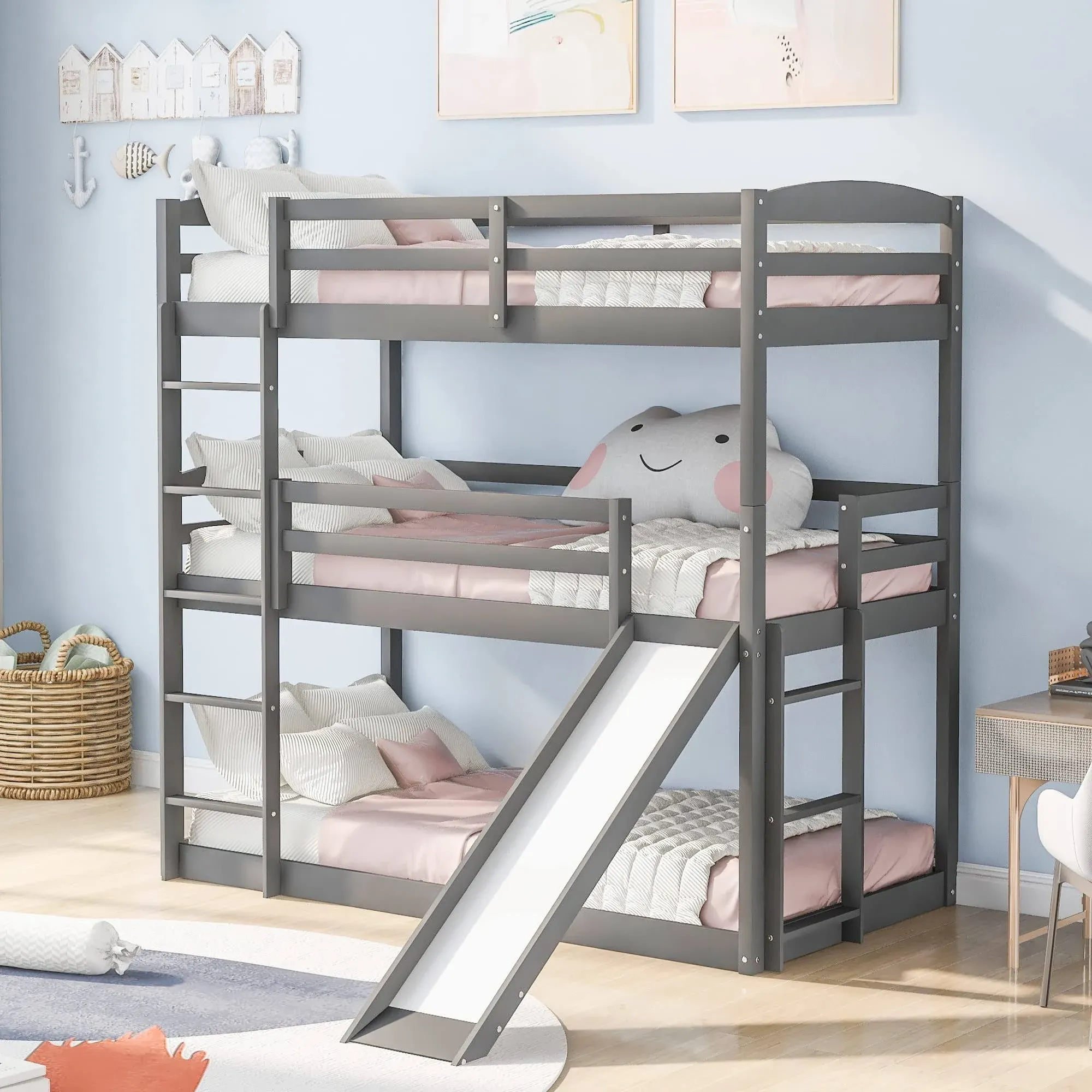 Harper & Bright Designs Wood Triple Bunk Bed with Slide, Twin Over Twin Over Twin ...