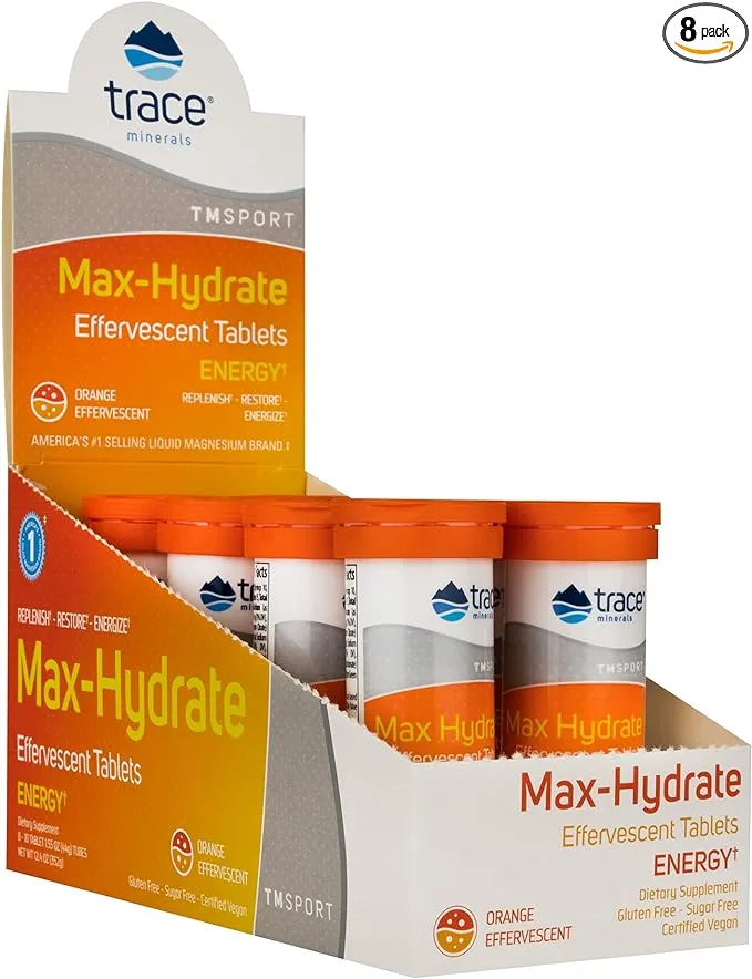 Trace Minerals | Max-Hydrate Endurance | Effervescent Tablets | Energy Support | Replenishes Electrolytes & Helps Avoid Muscle Cramps and Muscle Fatigue | Orange Flavor | 8 x 10 Tabs