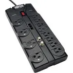 Tripp Lite TLP1208TELTV 12 Outlet Surge Protector Power Strip, 8ft Cord, Right-Angle Plug, Tel/Modem/Coax Protection, RJ11, & Dollar 150,000 Insurance Black