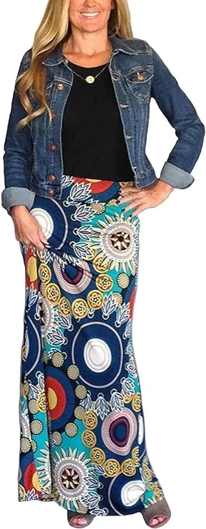 Yinggeli Womens Bohemian Print Long Maxi Skirt (Medium C-flower)