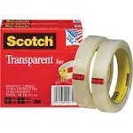 Scotch Transparent Tape, 3" Core, 0.75" x 72 yds, Transparent, 2-Pack