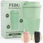 FEBU Plant-Based Reusable Coffee Cup With Lid and Sleeve | 16oz, Sage Green | Portable Travel Mug made from Bamboo | Dishwasher Safe, Zero Waste, Plastic Free With Leak-Proof Screw-on Lid