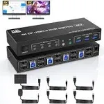 8K@60Hz USB 3.0 Displayport KVM Switch 2 Monitors 4 Computers, Dual Monitor KVM Switch with Audio Output and 3 USB 3.0 Ports, 4 Port Dual Monitor Displayport KVM Switch for 4 Computer