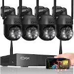 Wireless Security Camera System, 4pcs 3MP PTZ Cameras Outdoor Indoor, CKK WiFi Surveillance NVR System with Floodlights & Siren Alarm, 2 Way Audio, 24/7 Record, Expandable 10CH, No HDD