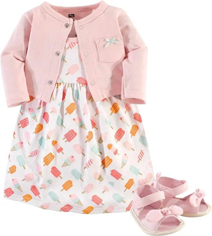 Hudson Baby baby-girls Cotton Dress, Cardigan and Shoe Set