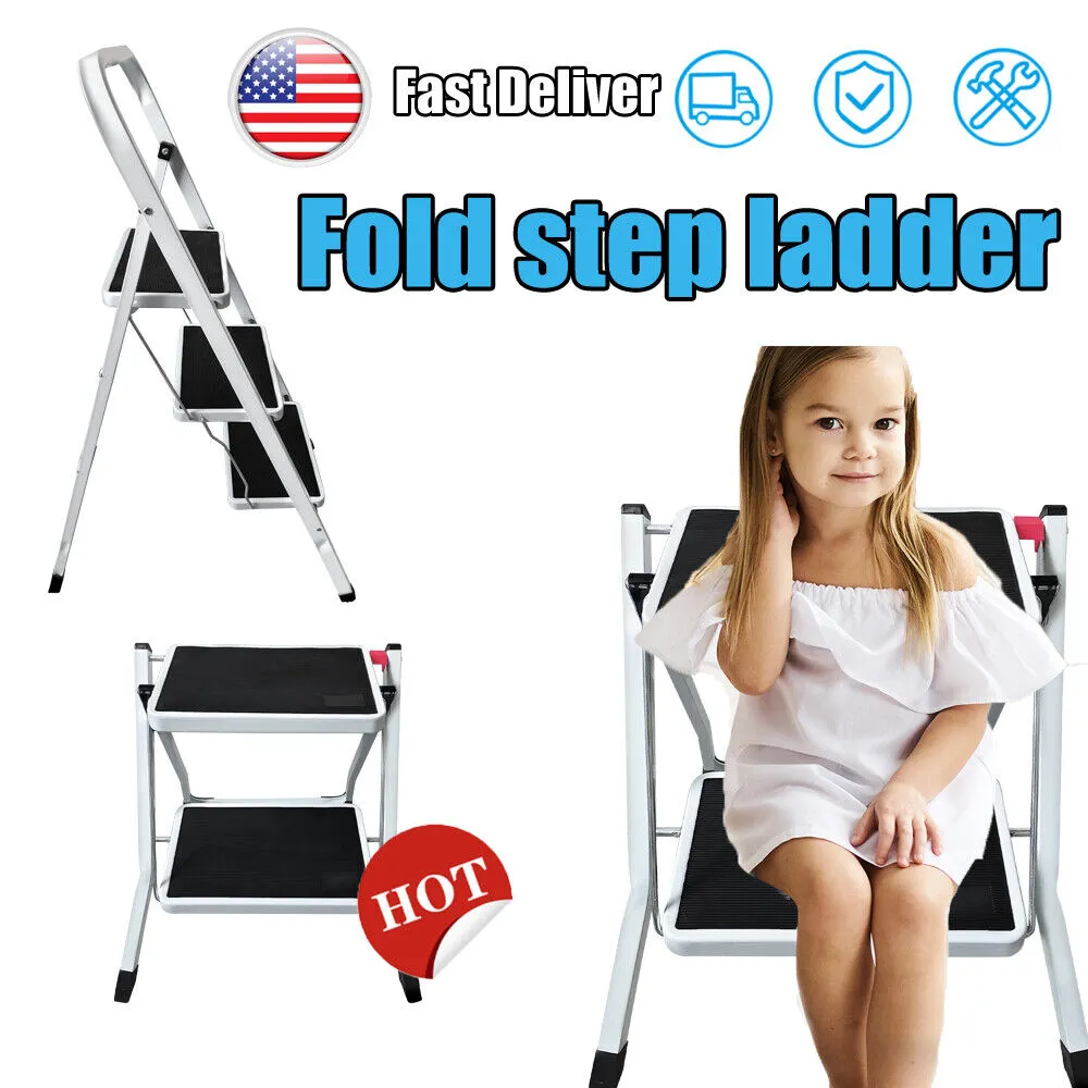 FOLDABLE 2/3 STEP STEEL LADDER STEP STOOL NON SLIP TREAD STEPLADDER SAFE