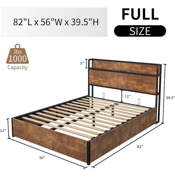 LUXOAK Full Size Lift Up Storage Bed, Wood Platform Bed Frame with Storage Headboard & Charging Station, No Box Spring Needed, Easy Assembly, Rustic Brown