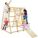 8-in-1 Wooden Jungle Gym Playset with Slide and Monkey Bars-Natural