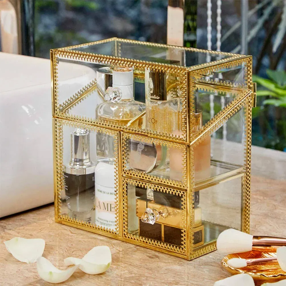 PuTwo Makeup Organizer Handmade Vintage Brass Edge Makeup Brush Holder Glass Makeup Brushes Storage Cosmetic Organizer Makeup Vanity Decoration Jewelry Box Make up Brushes Holder with FREE PEARLS