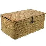 Rattan Storage Basket Makeup Organizer Multipurpose Container with Lid yellow 