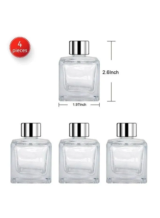 Glass Diffuser Bottles with Silver Caps Refillable Diffuser Bottles Set of 4-2.5" High, 50ml 1.7 fl oz. Small Square Shape, Diffuser Jars for Home Fragrance