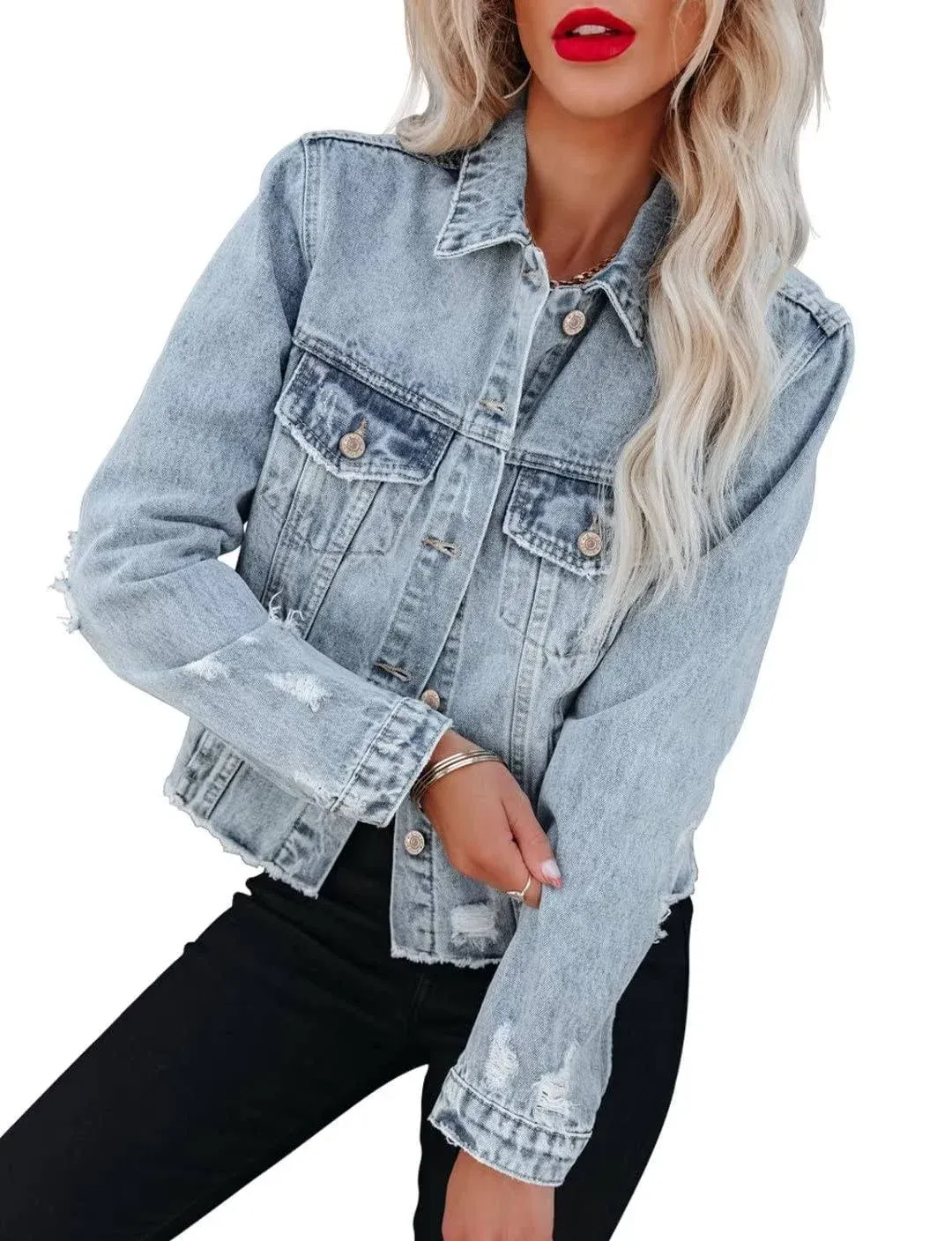 ZOLUCKY Womens Denim Jacket Distressed Frayed Ripped Jean Jacket Casual Button Down Light Jackets