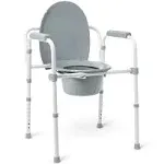 Medline Steel 3-in-1 Elongated Bedside Commode, Foldable Frame, Supports Up to 350 lbs, Gray