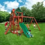 Gorilla Playsets 01-0083-RP Five Star II Wooden Swing Set with Monkey Bars, Rock Climbing Wall, Wood Roof, Two Swings and a Ring with Trapeze Combination Swing