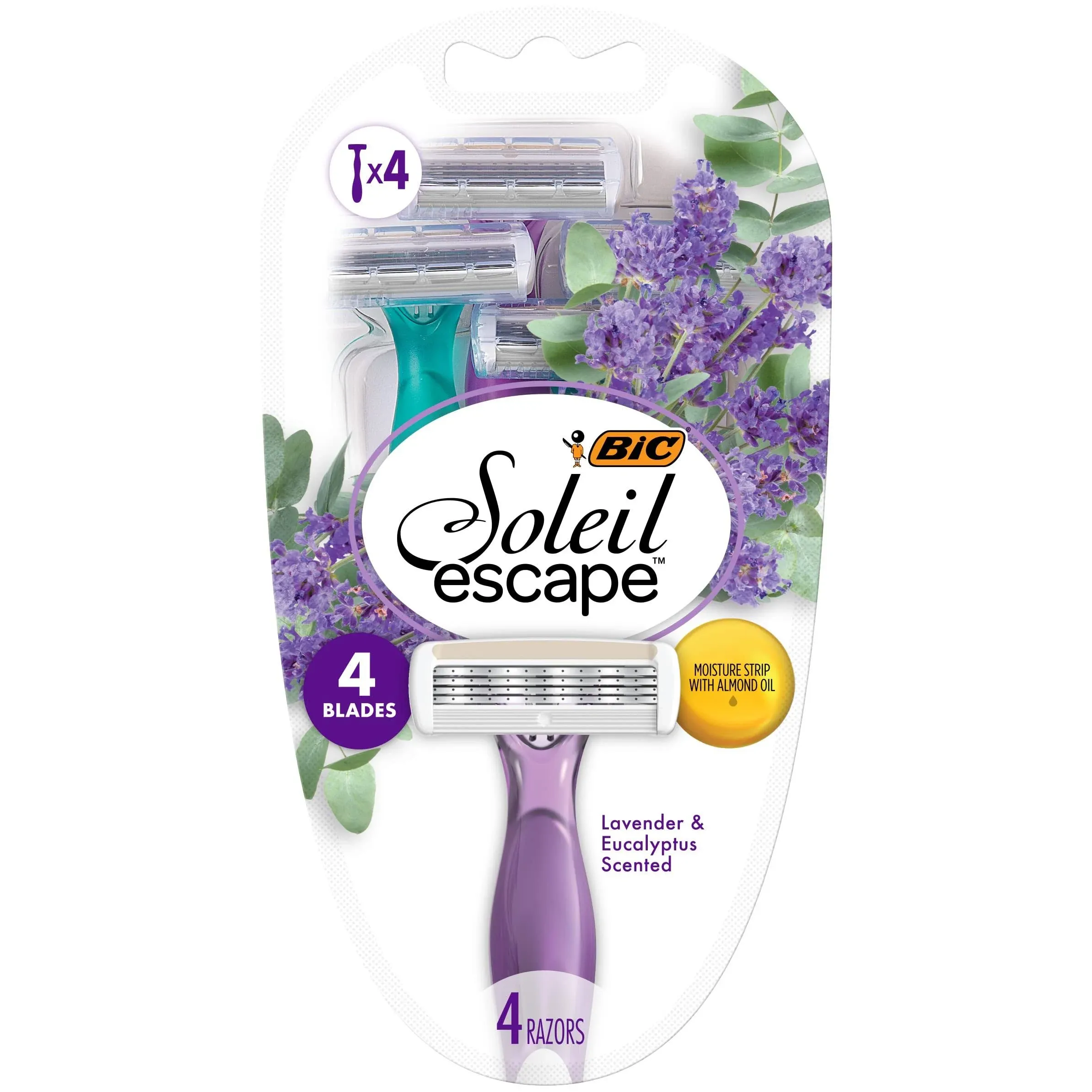 BIC Soleil Escape Women's Disposable 4-Blade Razors, Perfect Bikini Line Razor, Lavender & Eucalyptus Scented Handles, 4-Pack