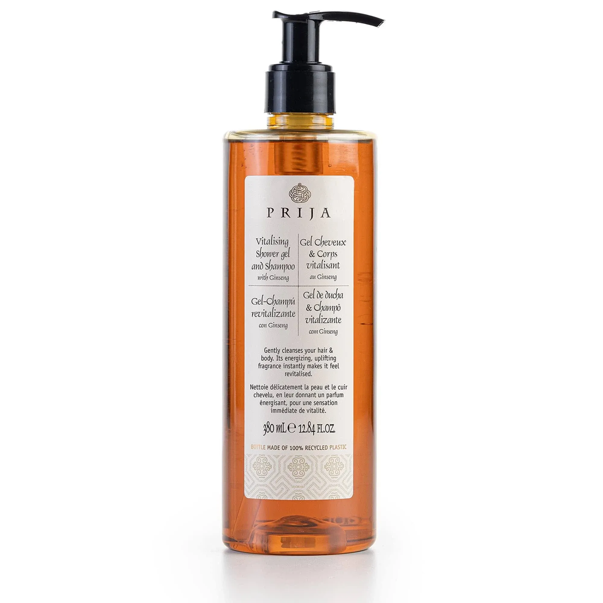 Prija Vitalizing Shower Gel & Shampoo with Ginseng (12.84 fl oz) - Toning and Revitalizing - Vegan Friendly - Dermatologically Tested - Made with 100% Recycled Bottle