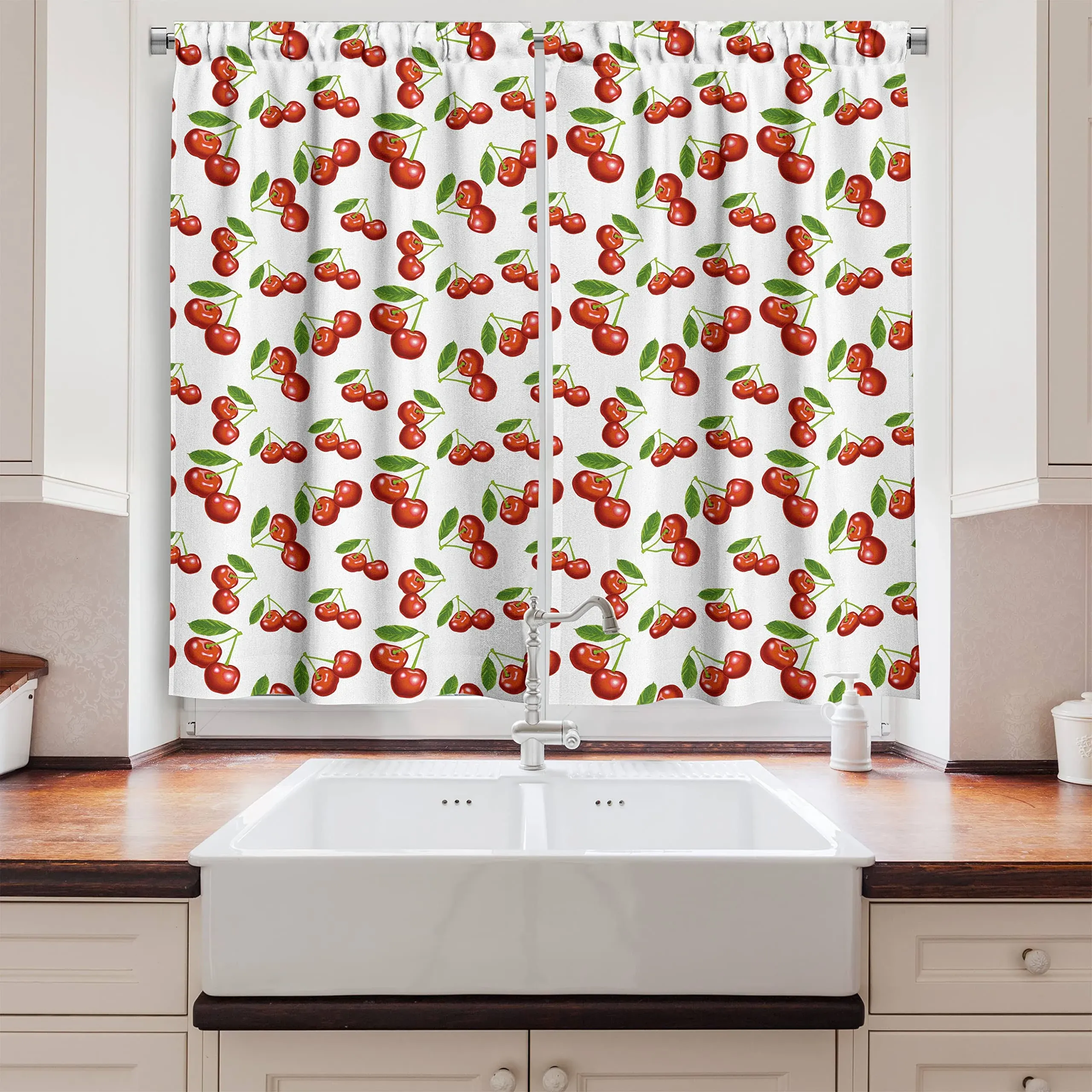 Ambesonne Fruit Kitchen Curtains, Cherry Pattern Design Fresh Berry Fruit Summer ...