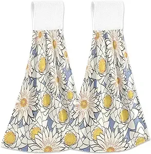 COOLDEER 2 Pcs Lotus Flowers Kitchen Hand Towel Fast Dry Hanging Tie Towels Absorbent Soft Coral Velvet Dish Wipe Cloth for Kitchen Bathroom Use