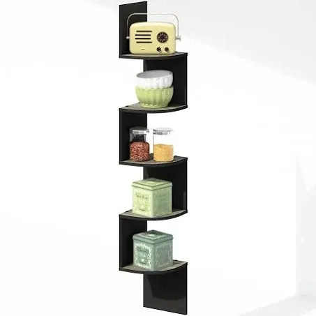 Furinno 5-Tier Floating Corner Shelf, Wall Mount Shelves for Storage and Display, French Oak/Black