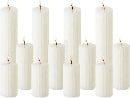 Set of 12 Ribbed Pillar Candles Soy Wax Home Decor Modern White Candles with Cotton Wick for Wedding, Home, Restaurants, Spa, Church Decoration, 2 x 3 Inch, 2 x 6 Inch, 2 x 8 Inch