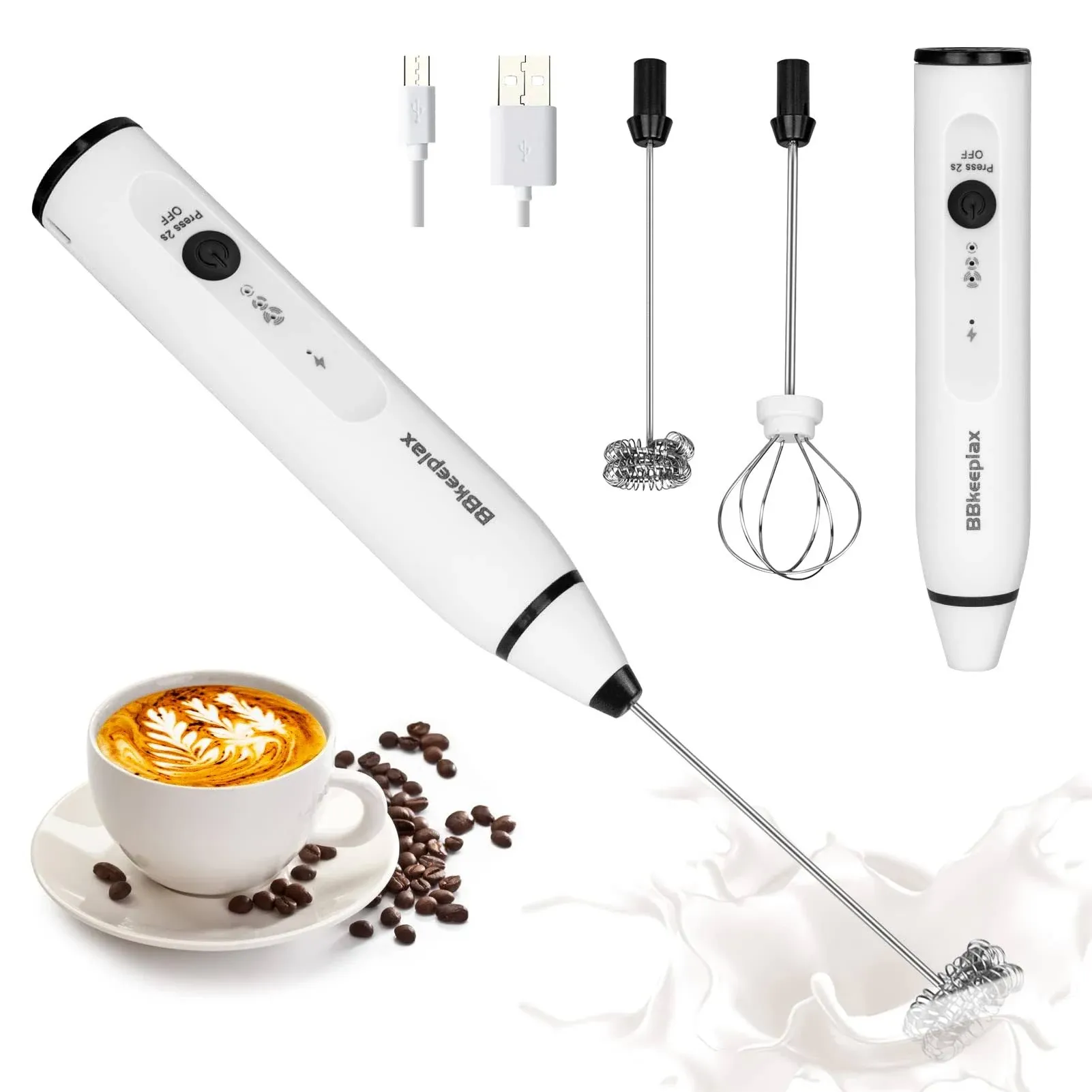 BBkeeplax Hand Frother, USB-Rechargeable Milk Frother Handheld with 2 Stainless ...