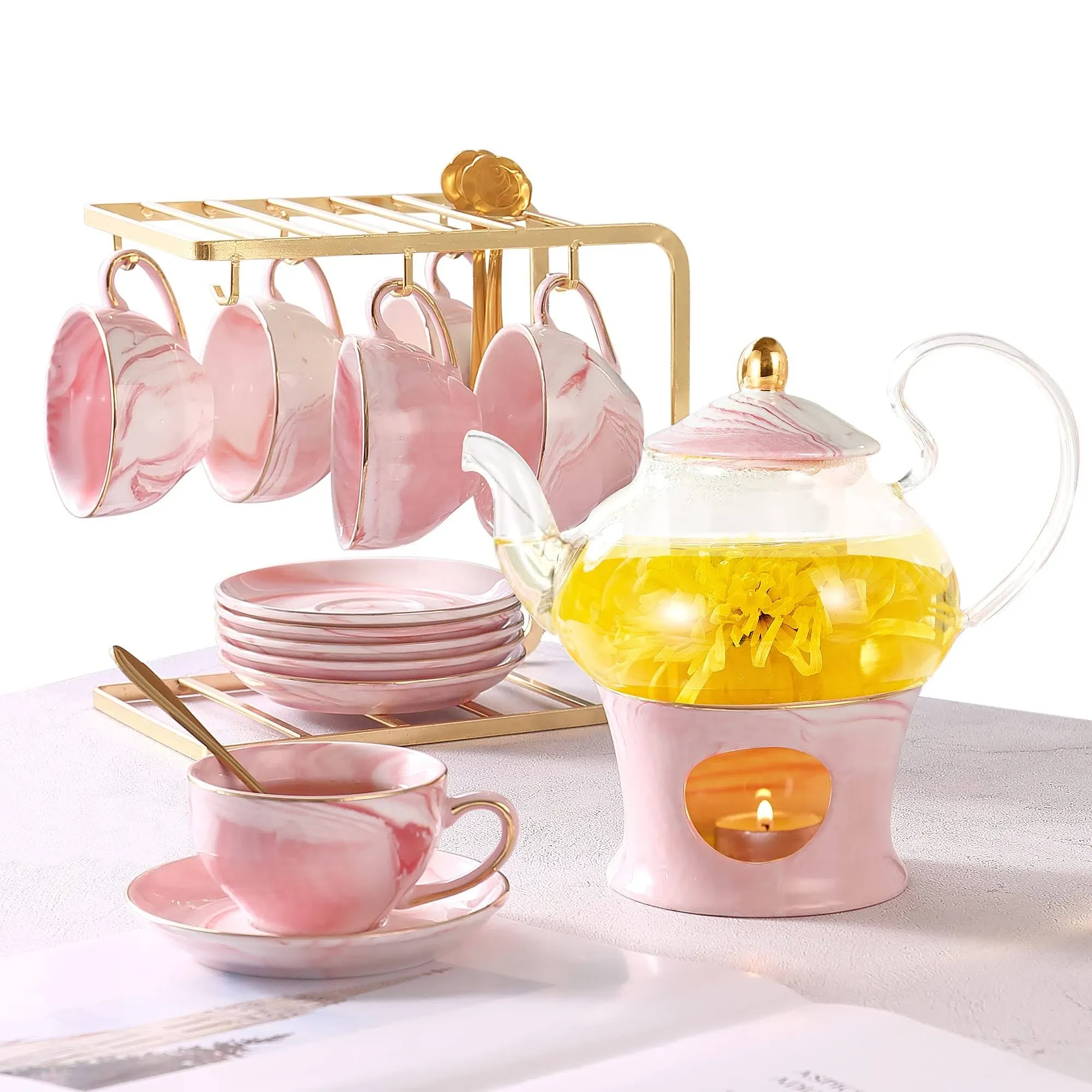 DUJUST 21 Pcs Small Tea Set of 6 Pink Marble Texture with Handcraft Golden Trim Fine Porcelain Tea Pot Set for Girls&Women 1 Glass Teapot(22oz) 6