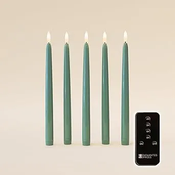 Set of 5 Daily Timer Juniper Green 10" Flameless Taper Candles with Gently Flickering LED, Realistic Black Wick, Timer On/Off Remote Control. AA Batteries and Holders sold seperately.