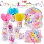 JOYIN 145 Pcs Unicorn Birthday Party Supplies with Unicorn Banner for Girls