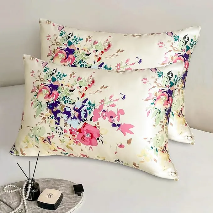 100% Pure Mulberry Silk Pillowcase Set of 2 Standard Size with Zipper,Real Silk Pillow Cases for Hair and Skin,Soft and Cooling,Both Sides Natural Slip Silk,Floral Print,2Pack (20"x26",Pattern1)