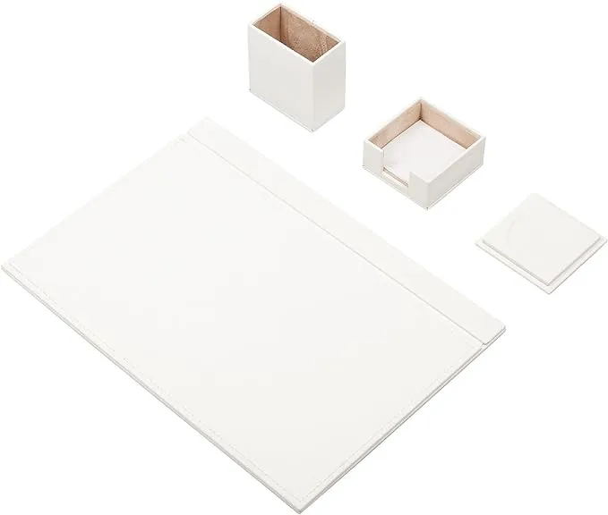 MOOGCO Moog White Leather Desk Set - Desk Pad - Note Paper Holder -Pen Holder ...