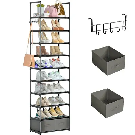 Tall Shoe Rack Narrow 10 Tier Shoes Rack 20 25 Pairs, Shoe Storage Organizer for Closet, Sturdy Metal Shoe Shelf Shoe Stand with 2 Boxes 1 Hook