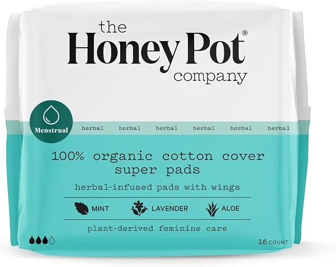 The Honey Pot, Organic Super Herbal-Infused Pads with Wings, 16 Count