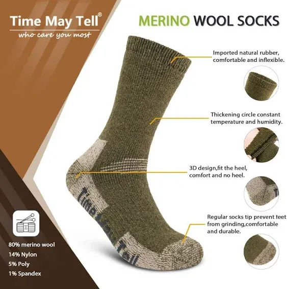 Time May Tell Mens Merino Wool Hiking Cushioning Socks For Outdoor Wool-Socks-For-Mens 3 Pack