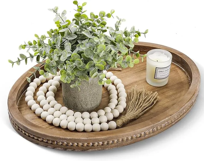 Oval Tray for Coffee Table - 16×11.8in Decorative Trays for Home Decor/w 58in Wood Bead Garland, Coffee Table Trays for Living Room and Kitchen