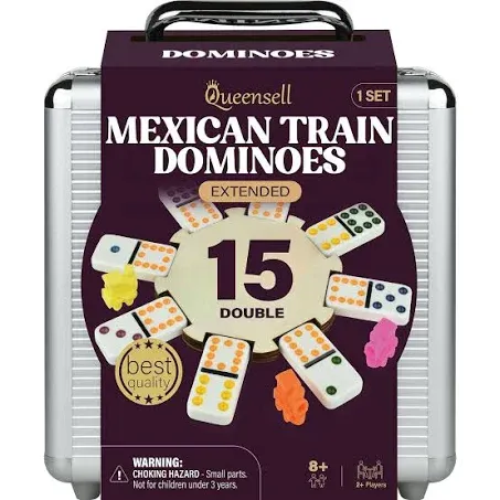 Queensell Mexican Train Dominoes Set Double 15, Dominoes Set for Adults and Family, Mexican Train Double 15 Dominoes Set Colored Dot - 136 Tiles, 9 Trains, Wooden Hub, Aluminum Case (Double 15)