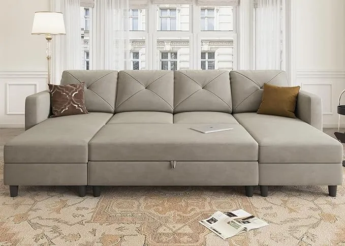 HONBAY Sleeper Sectional Sofa Set Velvet U Shaped Couch with Storage Ottoman 4-Seat Sectional Sofa Set for Living Room, Light Grey