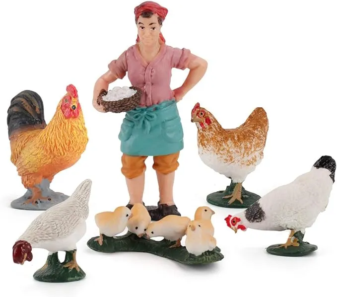 LC JoyCre Realistic Rooster Toy Figurine 6PCS Chick Farm Animal Model Set Hen Chicken Party Desktop Decoration Collection Educational Toys Set for Kid Boys Girls 5 6 7 8 Years Old