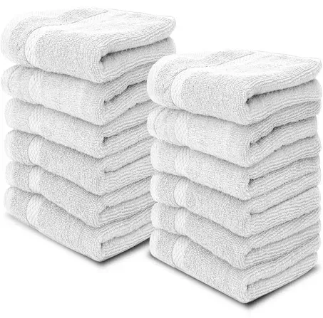 White Classic Luxury Cotton Washcloths - Large Hotel Spa Bathroom Face Towel | 12 Pack | Silver