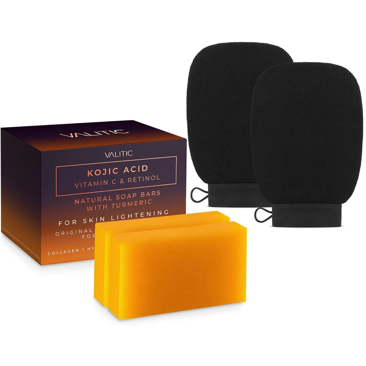 Valitic 2 Pack Kojic Acid Vitamin C & Retinol Soap Bars for Dark Spot & A Pair of Black Exfoliating Gloves for Body Scrubs