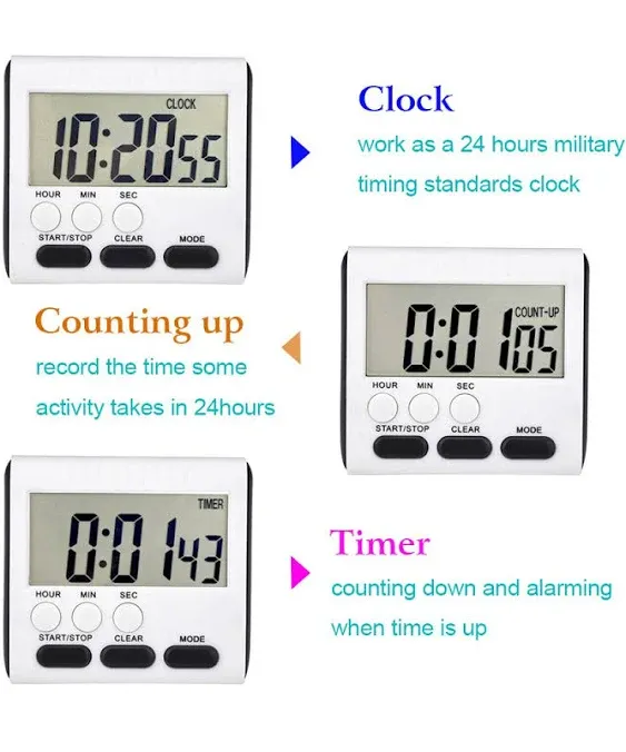 3 Pack 24 Hours Magnetic Kitchen Timers with Digital Alarm Clock Timer, Loud Alarm and Big Screen (Black)