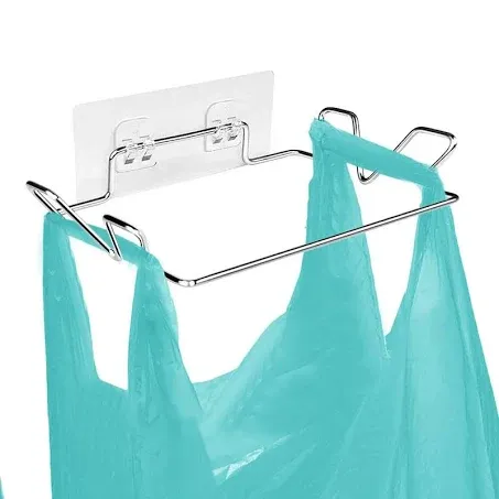 Trash Bag Holder for Cabinet Doors & Cupboards, Wall Mount Garbage Bag Holder with Adhesive Base Sticker Stainless Steel Under Sink Bag Holder Plastic Bag Holder for Kitchen Trash Can Bag Holder