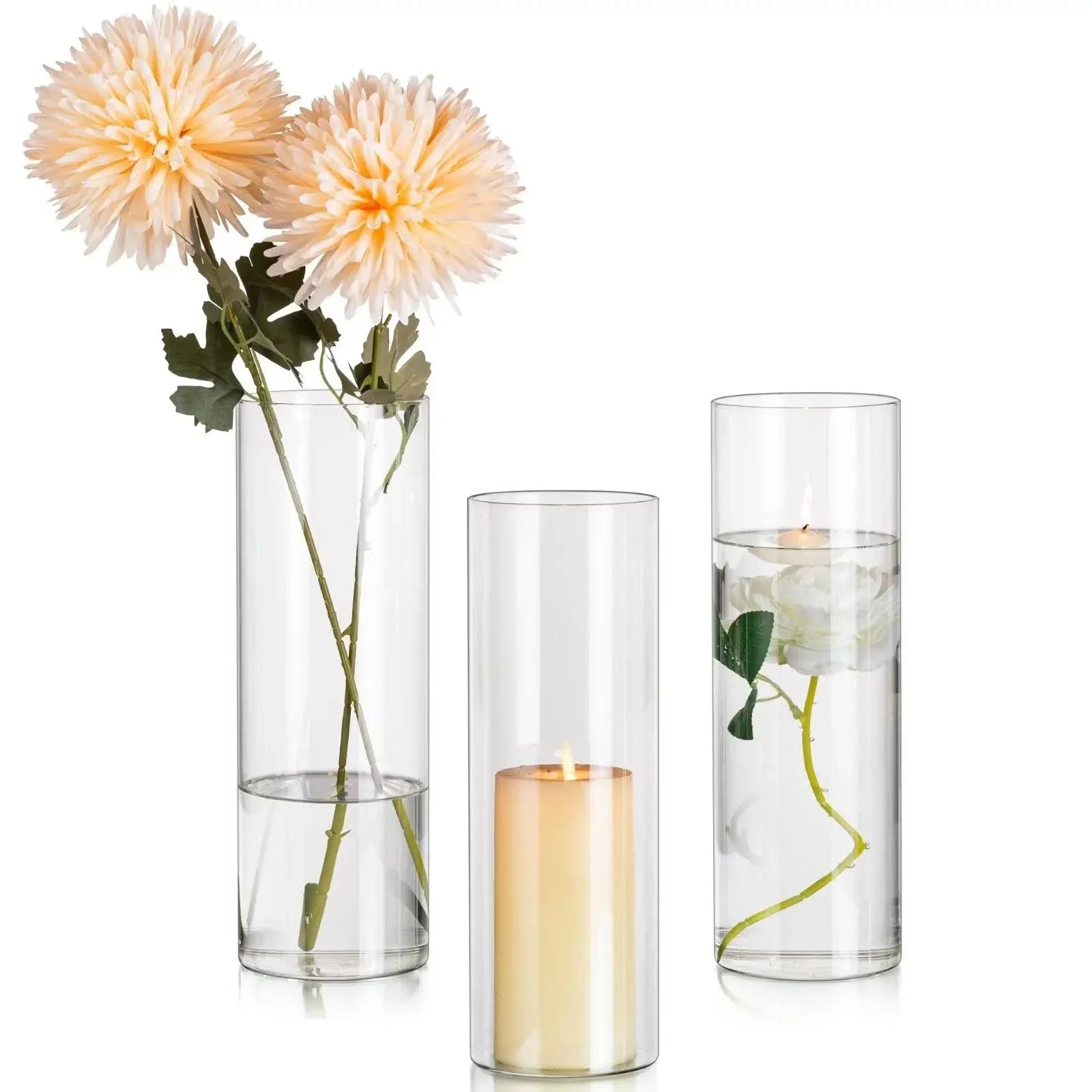 Glasseam Glass Cylinder Vases Set of 3, 16in Tall Vase for Flowers, Decorative Hurricane Vases for Centerpieces, Large Clear Vase Decor for Pampas Grass, Floating Candle Holder for Table Decorations