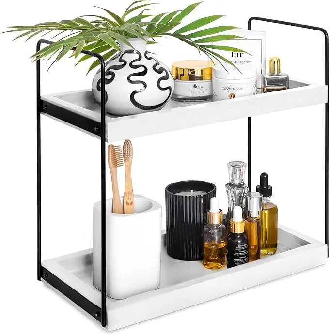 Hidden Haven - 2 Tier Bathroom Countertop Organizer Lightly Lacquered to Resist Water and Stains - Easy to Assemble-Tray Standing Decore Bathroom Organizer and Kitchen Spice Rack (Smoked Ash)