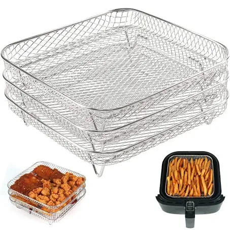 BYKITCHEN 8 inch Square Air Fryer Rack, Set of 3, Stackable Multi-Layer Stainless Steel Dehydrator Rack, Square Air Fryer Accessories for Cosori, Instant Vortex, Nuwave Air Fryer, Ninja Foodi Grill