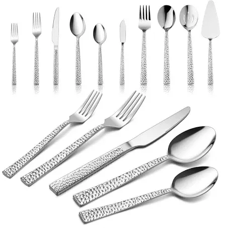 HaWare 45-Piece Hammered Silverware Set with Serving Utensils, Stainless Steel Flatware with Square Edge for 8, Fancy Cutlery Tableware, Include Knifes Forks Spoons, Mirror Polished, Dishwasher Safe