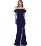 Xscape Women's Long Crepe Over-The-Shoulder Ruffle Gown