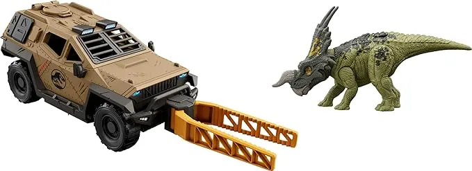 Mattel Jurassic World Truck & Einiosaurus Dinosaur Action Figure Toy Set with Flip & Roll Feature, Mission Mayhem Vehicle