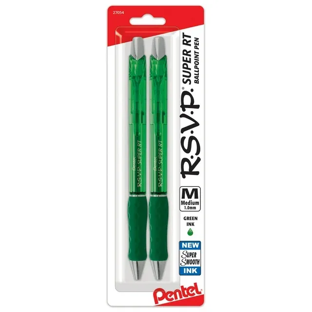 Pentel RSVP Super RT Ballpoint Pen 1.0mm Medium Line Black 2/Pk Office School